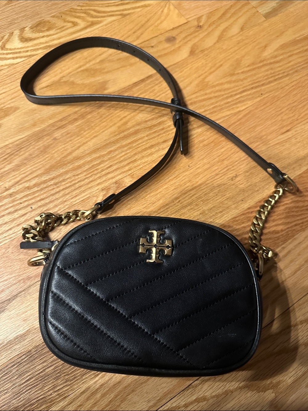 Tory Burch Black Quilted Leather Camera Crossbody with Gold Hardware